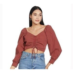 NWOT Levi's Plaid Milkmaid Cotton Top Smocked Sz XL Drawstring Puff Sleeve